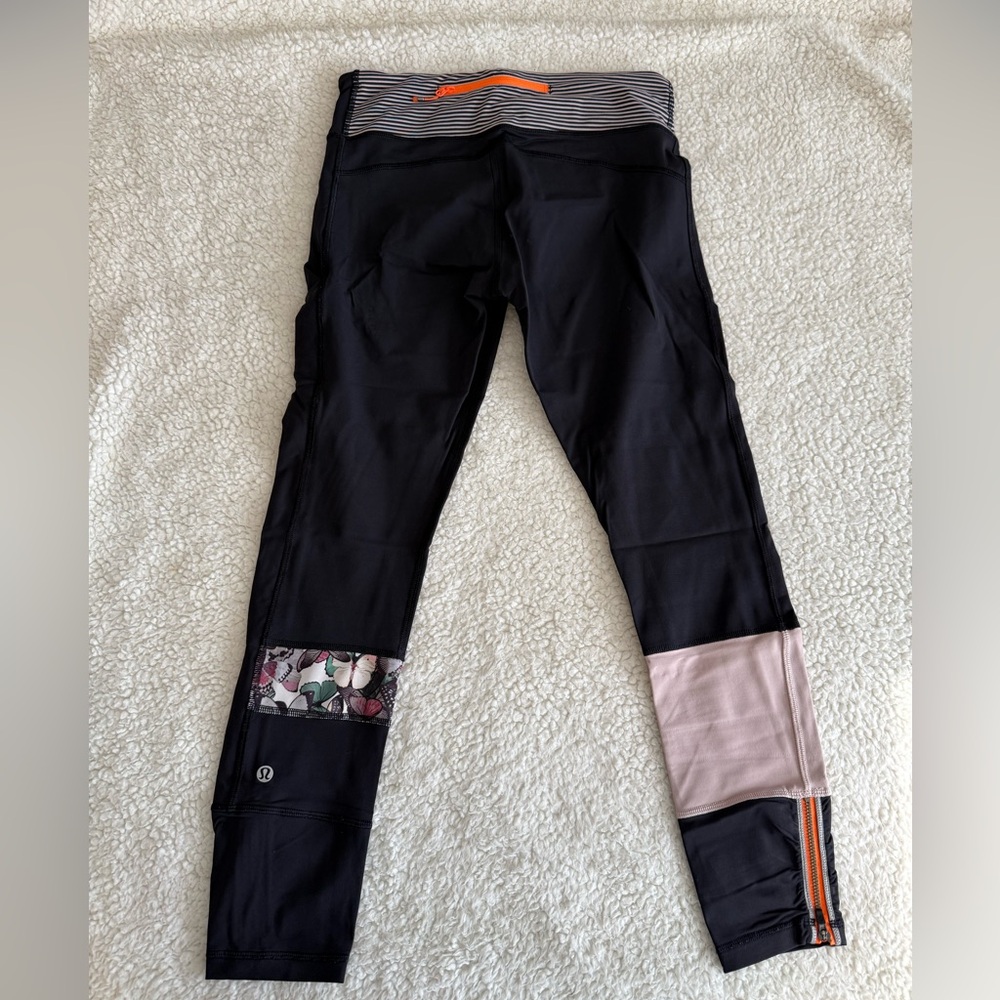 Lululemon Athletica Black and Orange Running Tights with Side Pocket - Picture 2 of 4